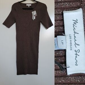 NEW MICHAEL STARS ELBOW SLEEVE BROWN METALLIC SWEATER DRESS LARGE PETITE NWT